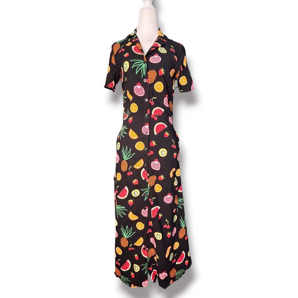 Sugarhill Brighton Fruit Print Button Front Midi Dress Black Novelty Whimsical